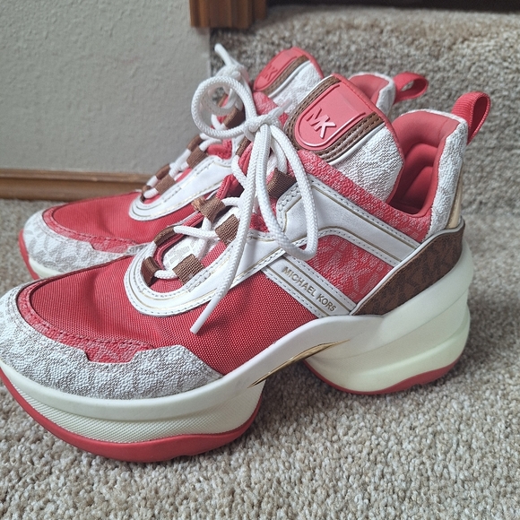 Michael Kors Olympia Mixed Media Trainers Red/Ivory/Brown Womens 6.5 EUC - Picture 1 of 9